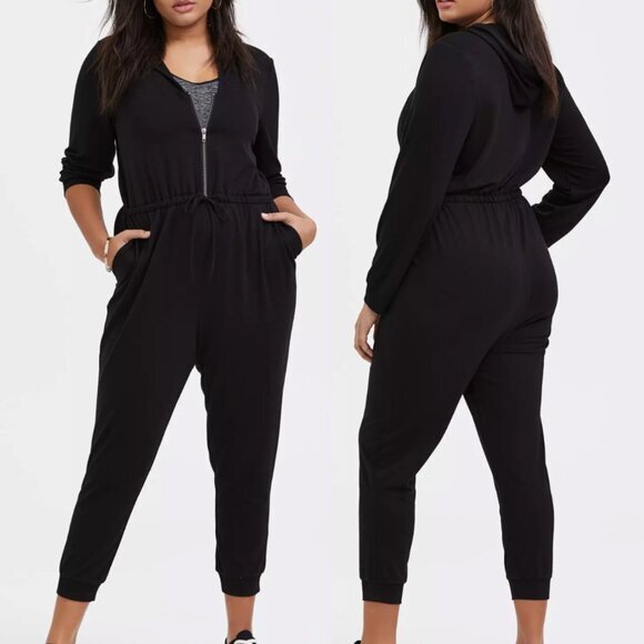 TORRID 1 Plus Size Black Terry Zip Front Hooded Jumpsuit Long Sleeve Cropped 1X - Picture 1 of 16
